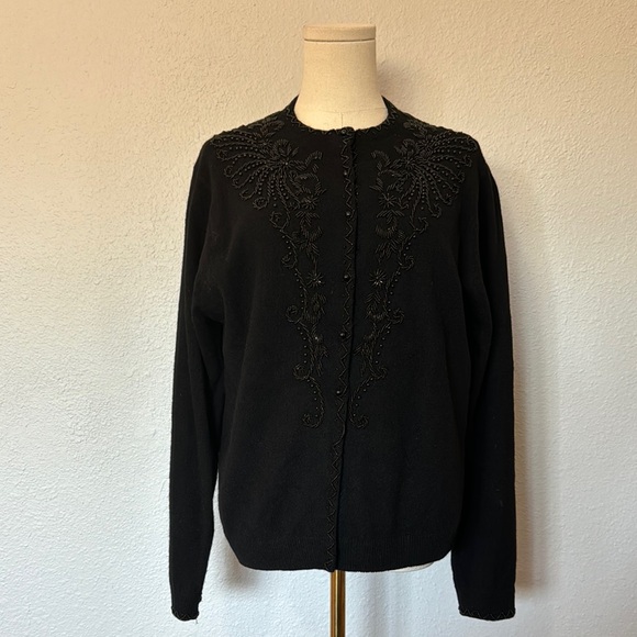 Chung Kiu Vintage Black Beaded Lambswool Cardigan Sweater size 42 - Picture 2 of 13